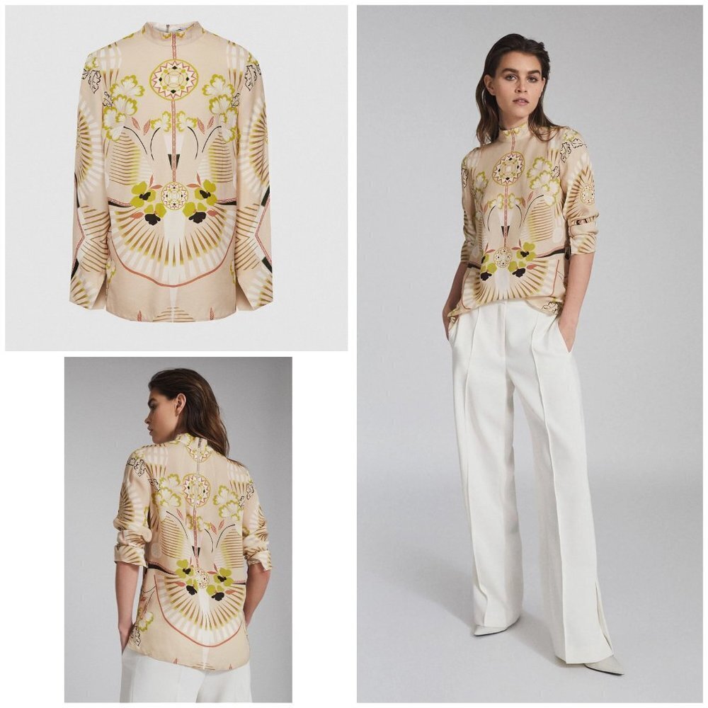 REISS Beth 70's Inspired Geo Leaves Printed High Neck Blouse Top 0 XS